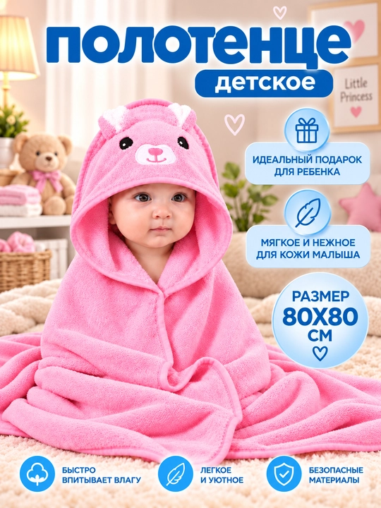 Детское полотенце с капюшоном для лица и тела, 80х80см микрофибра, банное полотенце - 