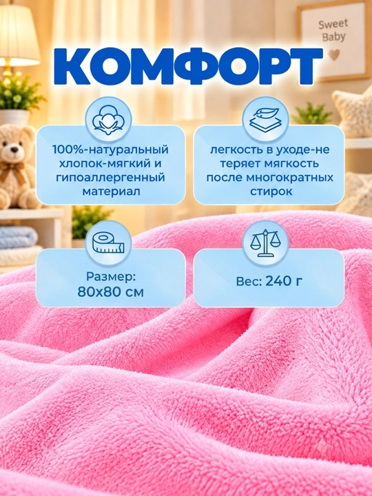 Детское полотенце с капюшоном для лица и тела, 80х80см микрофибра, банное полотенце