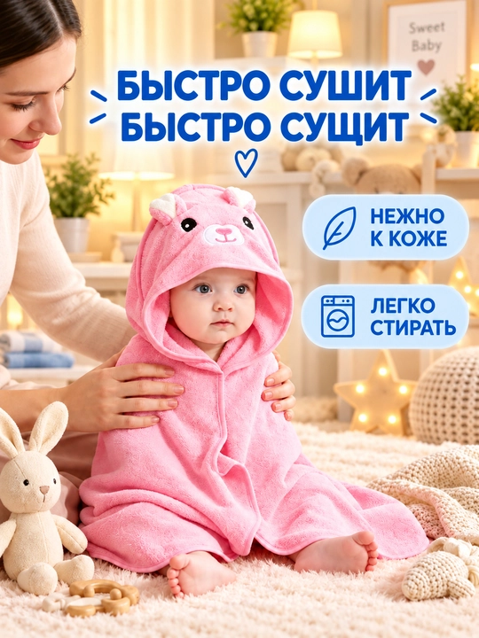 Детское полотенце с капюшоном для лица и тела, 80х80см микрофибра, банное полотенце