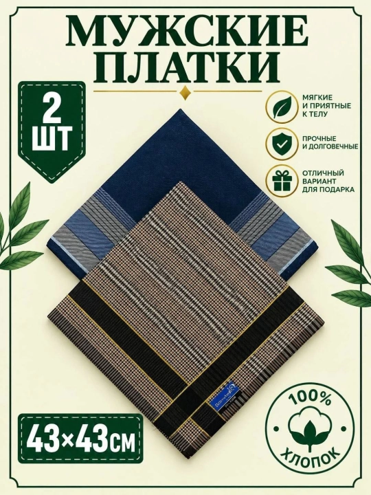 Современные мужские носовые платки, 100% хлопок, набор 2, 3, 4 шт