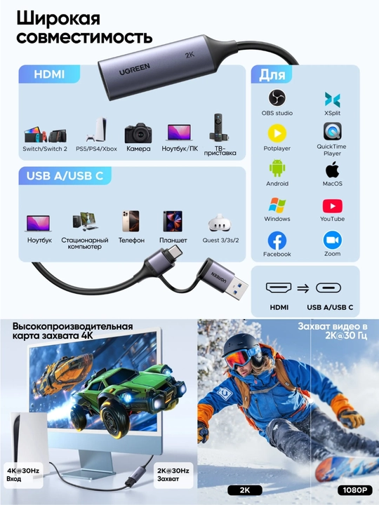 UGREEN 2K@30 va 1080p@60Gts HDMI Videoni yozib olish kartasi USB-A/USB-C CM629 15389