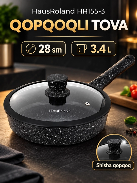 Сковорода HausRoland HR155-3 с крышкой, 28 см, 3.4 л, для приготовления еды - 