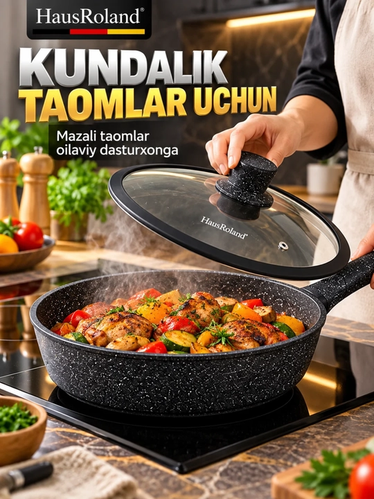 Сковорода HausRoland HR155-3 с крышкой, 28 см, 3.4 л, для приготовления еды