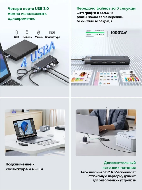 UGREEN 4 portli USB-A Hub 4xUSB-A 3.2 5Gbit/s CM653 15548