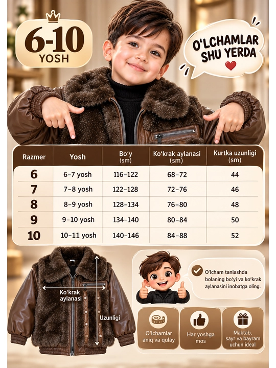 Куртка-бомбер для мальчика — зимняя, тёплая с мехом, 6–10 лет