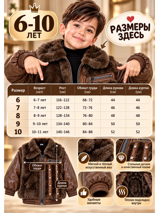 Куртка-бомбер для мальчика — зимняя, тёплая с мехом, 6–10 лет