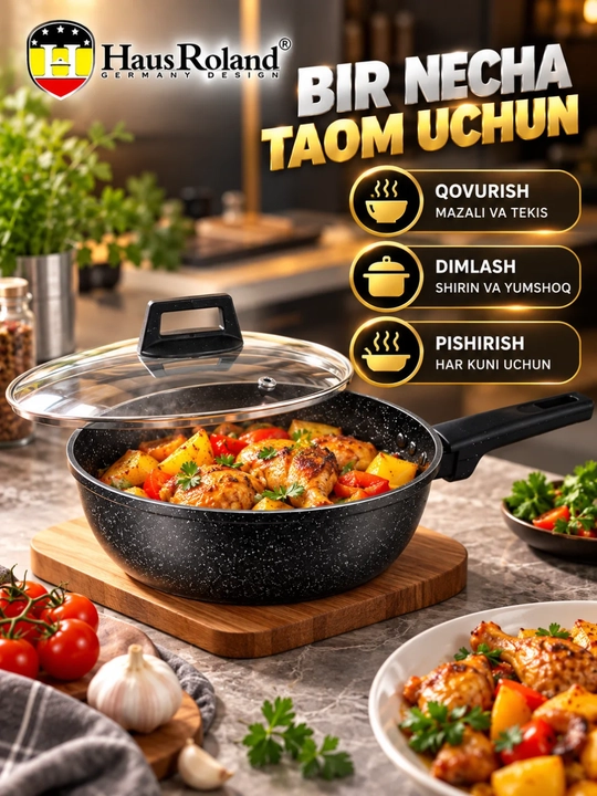 Сковородка HausRoland с крышкой глубокая с длинной ручкой, черная