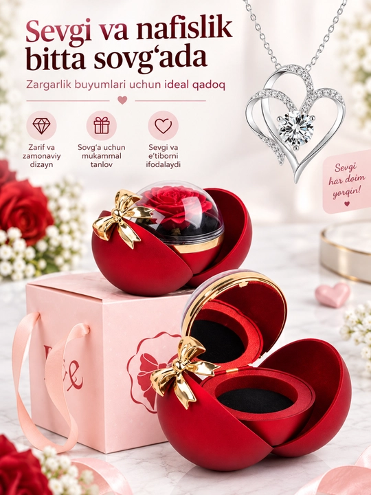 Romantik atirgul sovg‘a qutisi, yurak shaklidagi dekorativ quti