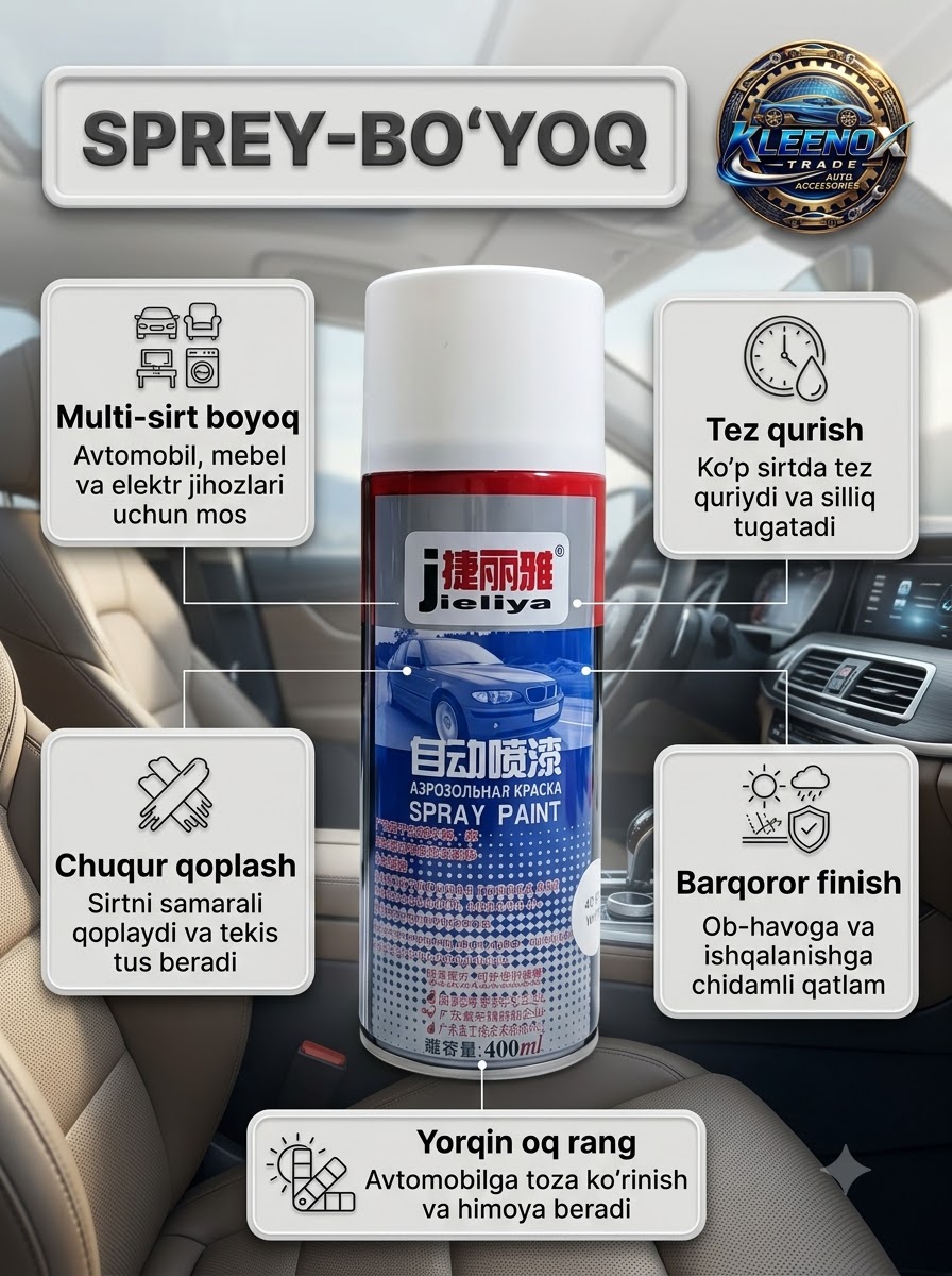 Avtomobil uchun aerozol bo'yoq spreyi Jieliya, metall va plastmassa, tez quriydi, 400 ml - 