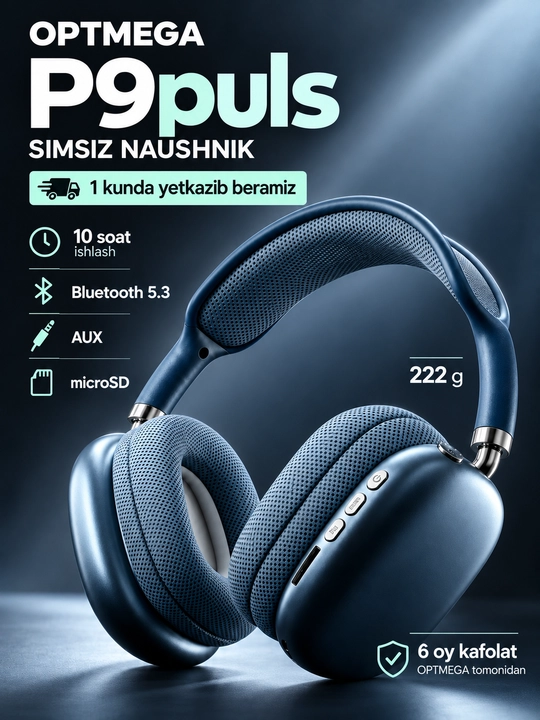 Simsiz Bluetooth quloqchinlar P9, mikrofonli, to'liq o'lchamli - 