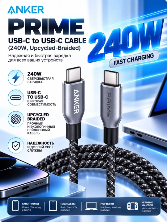 Anker Prime USB-C kabel 240W, tezkor zaryadlash Type-C, Superfast, mustahkam o‘rama - 