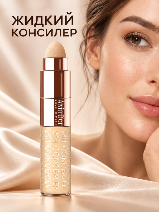 Alvin D’or CF-2 24H Full Cover suyuq konsiler, aplikator va sponj bilan, 6 ml