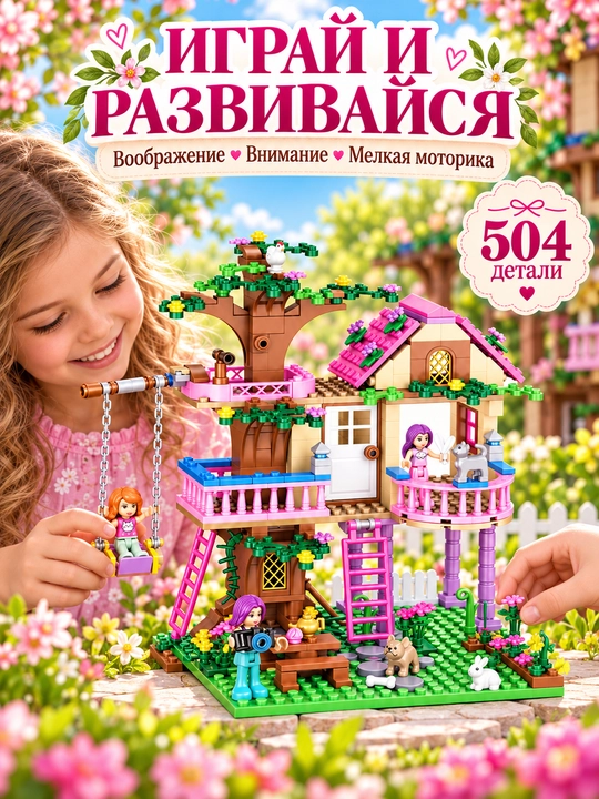 Qizlar uchun konstruktor, daraxtdagi qo‘g‘irchoq uychasi, 504 detal, 7 haykalcha