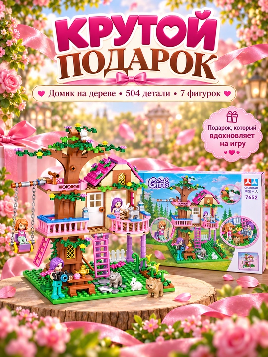 Qizlar uchun konstruktor, daraxtdagi qo‘g‘irchoq uychasi, 504 detal, 7 haykalcha