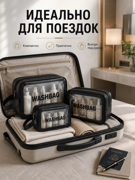 “WASHBAG” 4 xil o‘lchamli va 4 rangli suv o‘tkazmaydigan kosmetik sumkalar (PVX-neylon)