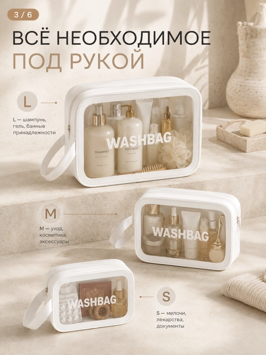“WASHBAG” 4 xil o‘lchamli va 4 rangli suv o‘tkazmaydigan kosmetik sumkalar (PVX-neylon)