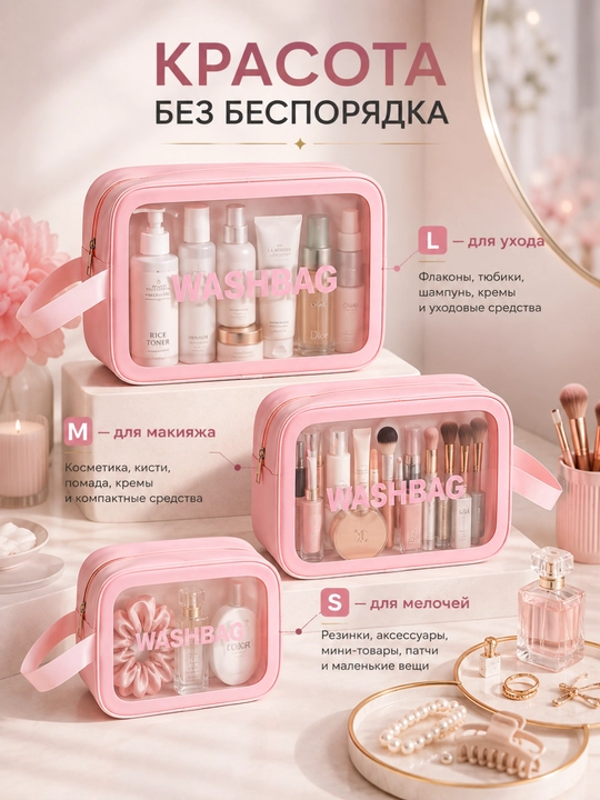 “WASHBAG” 4 xil o‘lchamli va 4 rangli suv o‘tkazmaydigan kosmetik sumkalar (PVX-neylon)