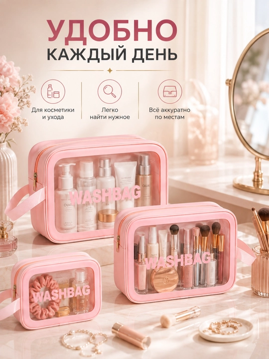 “WASHBAG” 4 xil o‘lchamli va 4 rangli suv o‘tkazmaydigan kosmetik sumkalar (PVX-neylon) - 