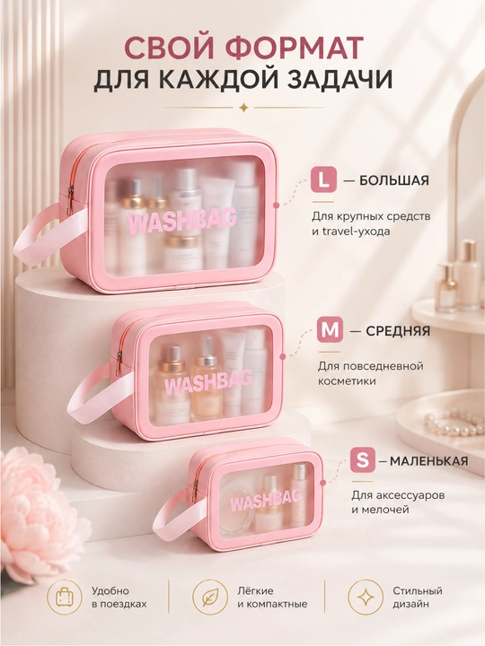“WASHBAG” 4 xil o‘lchamli va 4 rangli suv o‘tkazmaydigan kosmetik sumkalar (PVX-neylon)