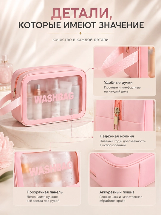 “WASHBAG” 4 xil o‘lchamli va 4 rangli suv o‘tkazmaydigan kosmetik sumkalar (PVX-neylon)