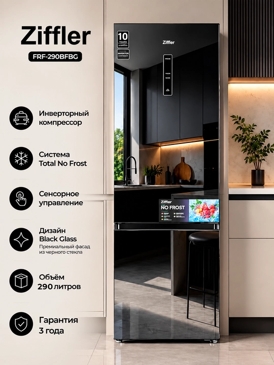Ziffler FRF 290-BFB muzlatgichi, No Frost, Inverter, 290 l, 3 yillik kafolat - 