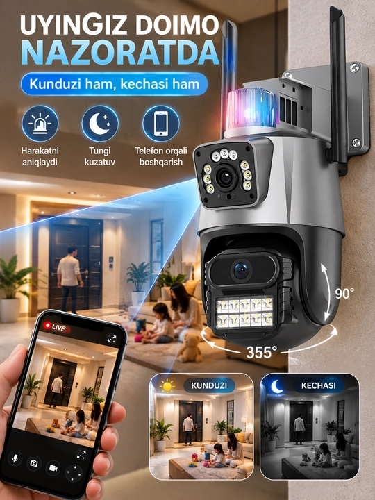 Aqlli Wi-Fi kamera, PTZ kuzatuv kamerasi tashqi kamera Full HD 360 darajali kamera