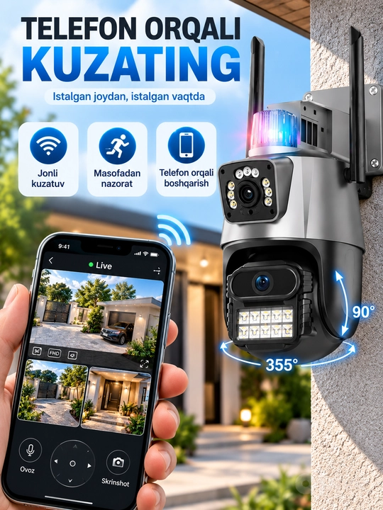 Aqlli Wi-Fi kamera, PTZ kuzatuv kamerasi tashqi kamera Full HD 360 darajali kamera