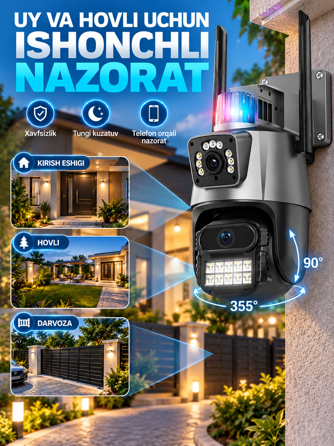 Aqlli Wi-Fi kamera, PTZ kuzatuv kamerasi tashqi kamera Full HD 360 darajali kamera - 
