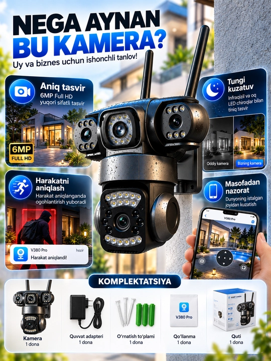 Aqlli Wi-Fi kamera, PTZ kuzatuv kamerasi tashqi kamera Full HD 360 darajali kamera