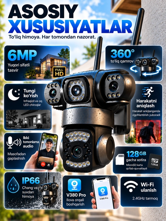 Aqlli Wi-Fi kamera, PTZ kuzatuv kamerasi tashqi kamera Full HD 360 darajali kamera