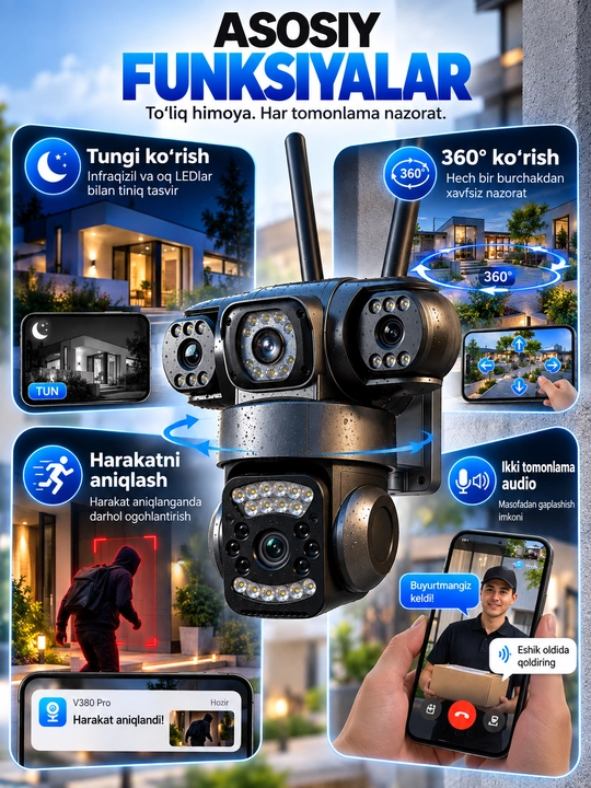 Aqlli Wi-Fi kamera, PTZ kuzatuv kamerasi tashqi kamera Full HD 360 darajali kamera