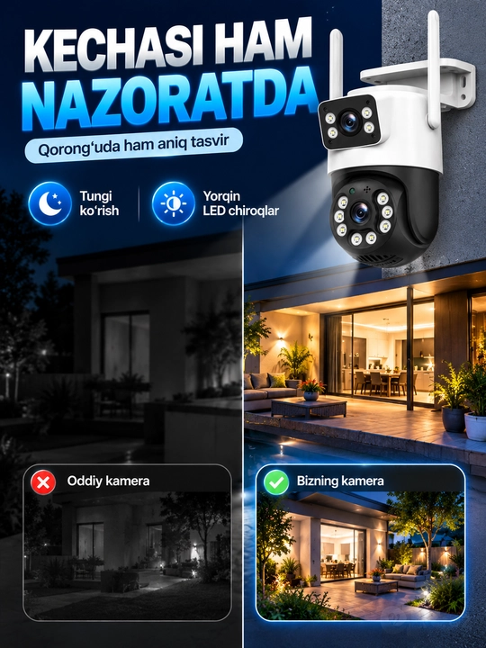 Aqlli Wi-Fi kamera, PTZ kuzatuv kamerasi tashqi kamera Full HD 360 darajali kamera