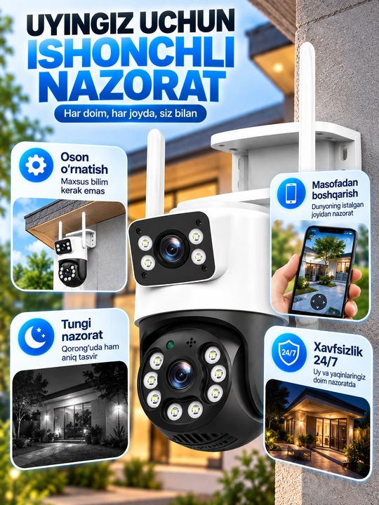 Aqlli Wi-Fi kamera, PTZ kuzatuv kamerasi tashqi kamera Full HD 360 darajali kamera