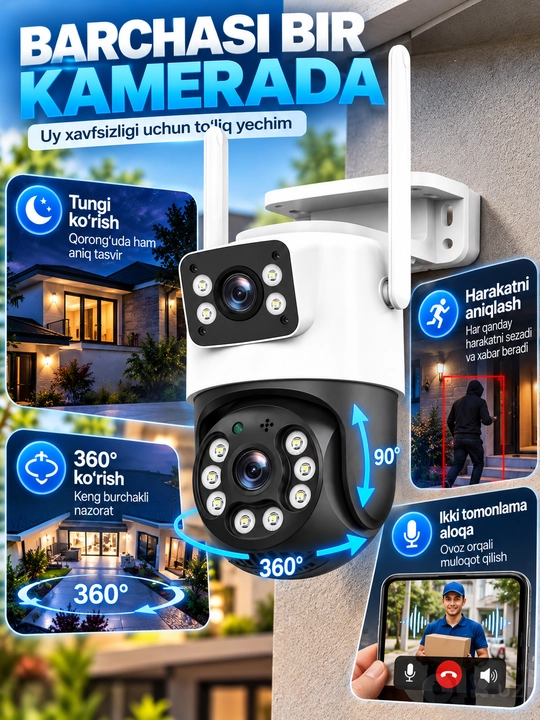 Aqlli Wi-Fi kamera, PTZ kuzatuv kamerasi tashqi kamera Full HD 360 darajali kamera