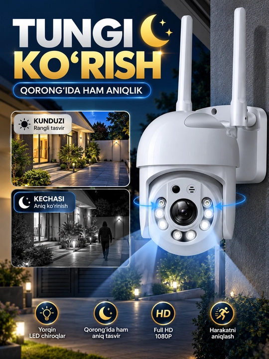 Aqlli Wi-Fi kamera, PTZ kuzatuv kamerasi tashqi kamera Full HD 360 darajali kamera