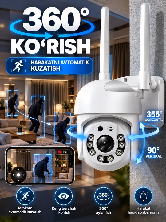Aqlli Wi-Fi kamera, PTZ kuzatuv kamerasi tashqi kamera Full HD 360 darajali kamera