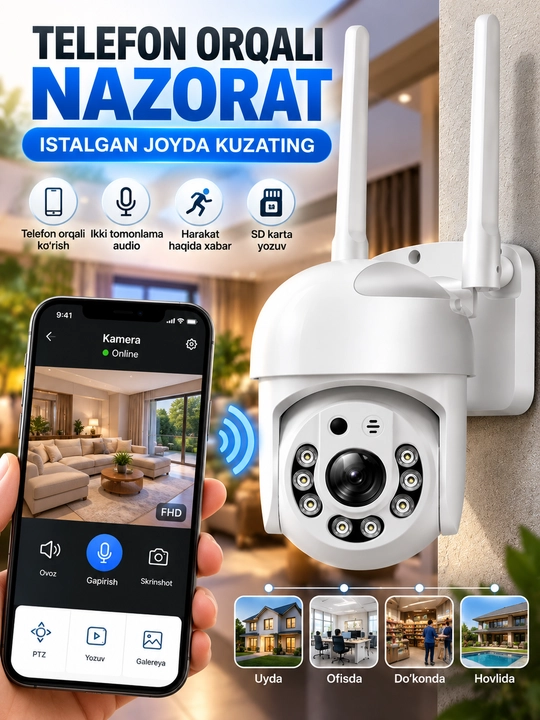 Aqlli Wi-Fi kamera, PTZ kuzatuv kamerasi tashqi kamera Full HD 360 darajali kamera