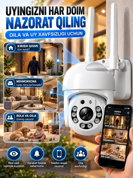 Aqlli Wi-Fi kamera, PTZ kuzatuv kamerasi tashqi kamera Full HD 360 darajali kamera