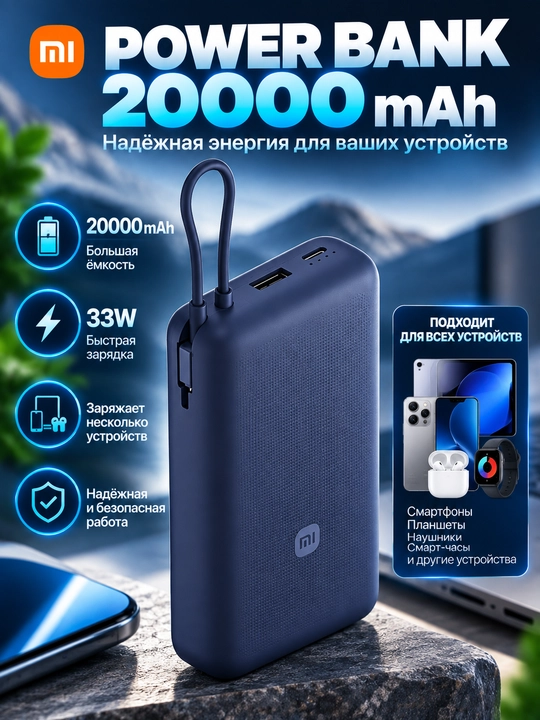 Xiaomi Redmi Power Bank 20000 мАч 33W, быстрая зарядка, портативный внешний аккумулятор - 