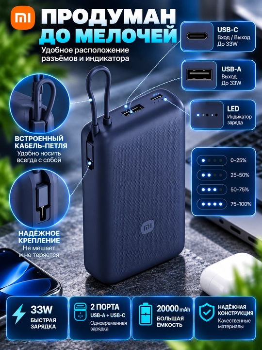Xiaomi Redmi Power Bank 20000 мАч 33W, быстрая зарядка, портативный внешний аккумулятор