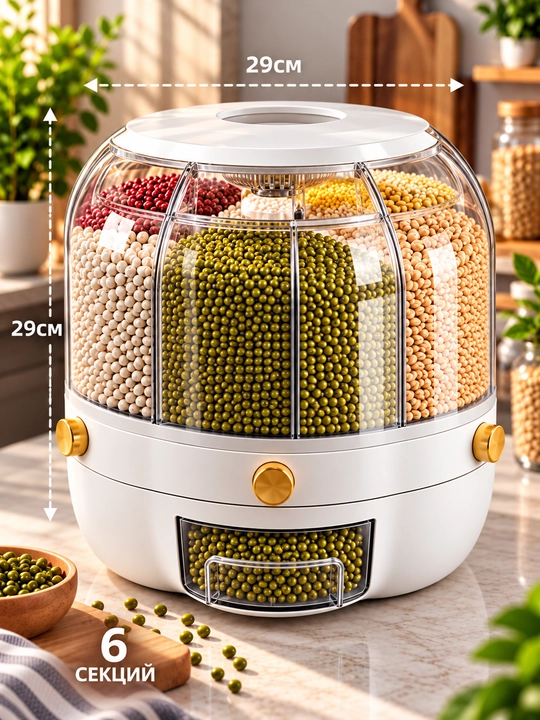 Donni saqlash dispenser idishi, dispenser, 6 ta bo'linma, hajmi 12,5 litrni tashkil qiladi