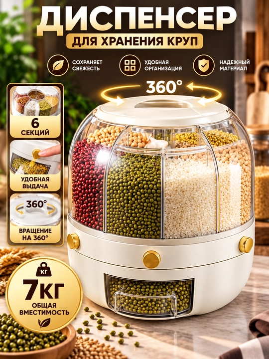 Yormalarni saqlash uchun  konteyner-dispenser, dozator bilan, 6 ta bo‘limdan, 12.5 l - 