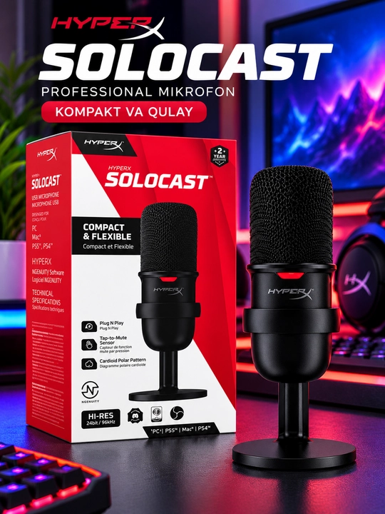 HyperXSoloCastUSBkondensatorlimikrofono‘yinlar,podkastlarvayozuvlarnistriming qilish uchun - 