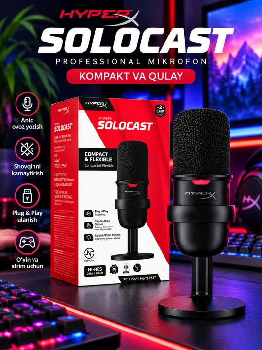 HyperX SoloCast USB конденсаторный микрофон для стриминга подкастов игр и записи