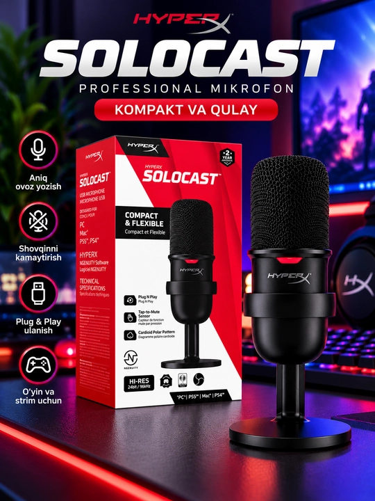 HyperX SoloCast USB конденсаторный микрофон для стриминга подкастов игр и записи