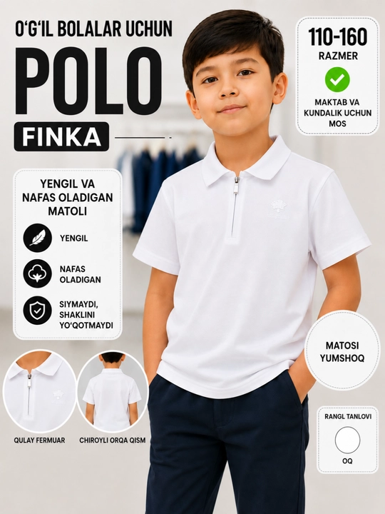 O‘g‘il bola uchun oq paxtalik maktab polosi. Maktab formasi