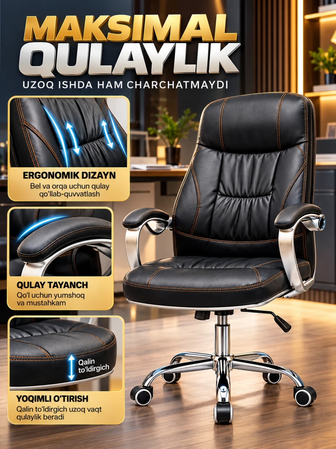 Ofis kreslosi ergonomik, aylanuvchi kompyuter stuli yumshoq charm qoplama bilan