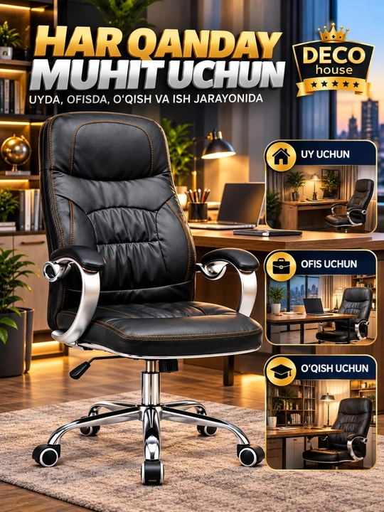 Ofis kreslosi ergonomik, aylanuvchi kompyuter stuli yumshoq charm qoplama bilan