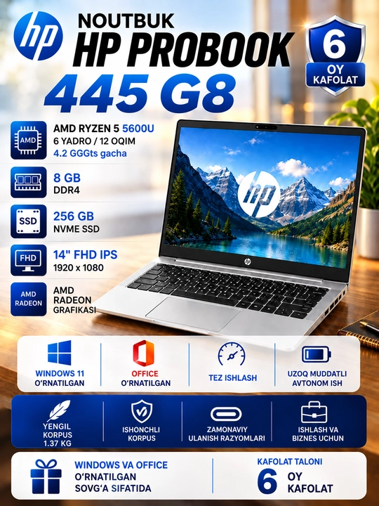 Noutbuk HP ProBook 445 G8 14″ FHD IPS, AMD Ryzen 5 5600U, 8GB DDR4, 256GB SSD, Windows 11 - 