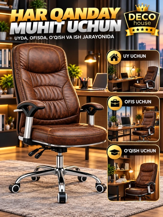 Ofis kreslosi ergonomik, aylanuvchi kompyuter stuli yumshoq charm qoplama bilan